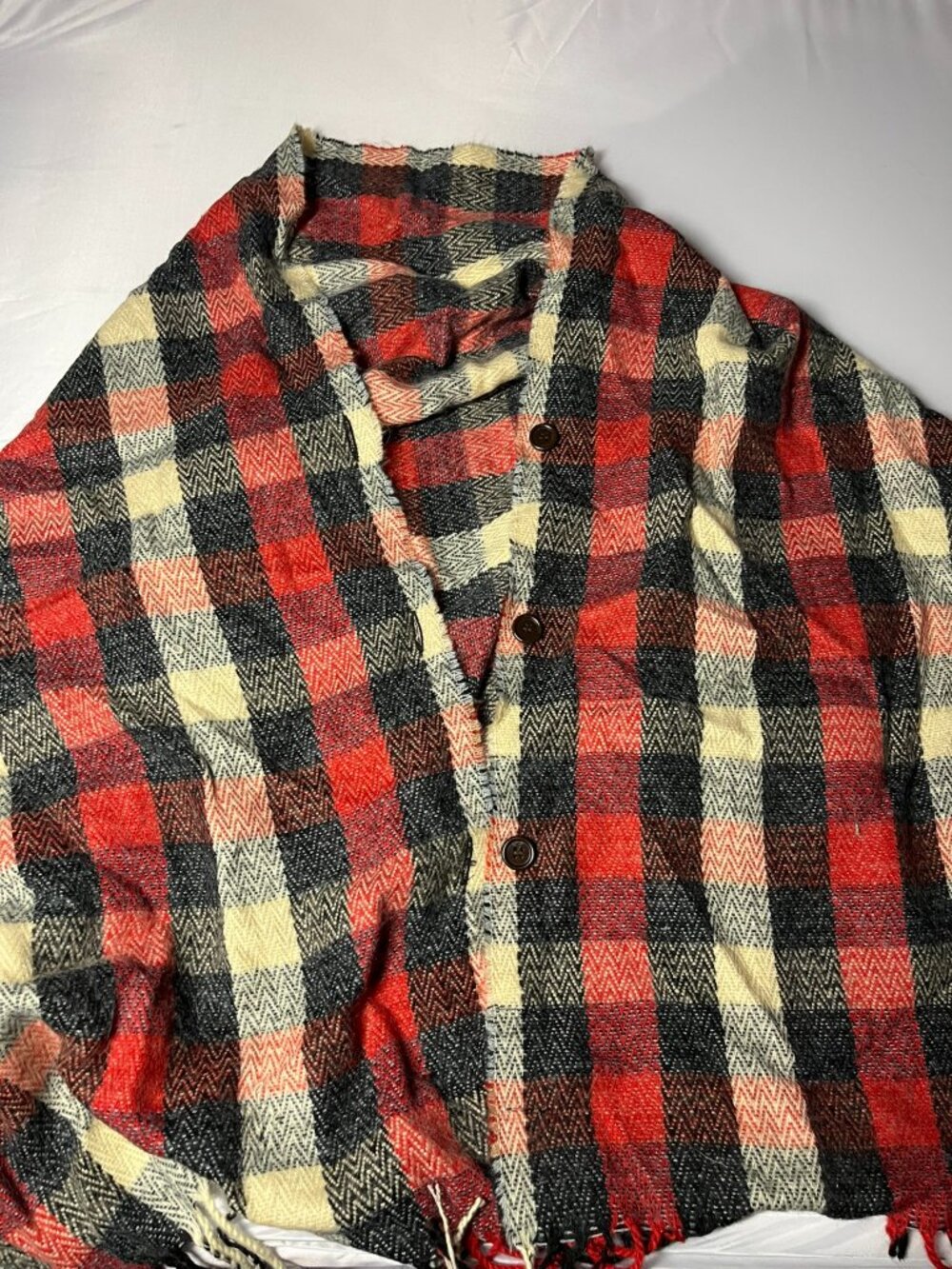 Woolrich Plaid Button Front Cape Wrap Shawl Fringe Red Black Cream